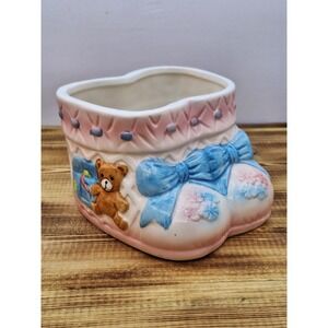 Ceramic Vase Teddy Bear Baby Shoes Boots Pink Bow